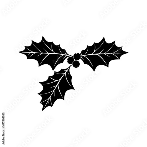 Black silhouette of Holly leaves and berries icon isolated on white background.  Vector Illustration