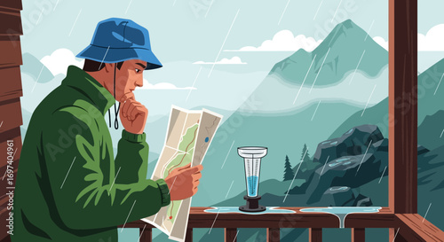 Illustrated man reading map on porch during rainstorm with mountains in background