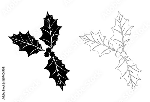 Holly leaves and berries icon isolated on white background. Two stylized holly leaves in black silhouette and outline
