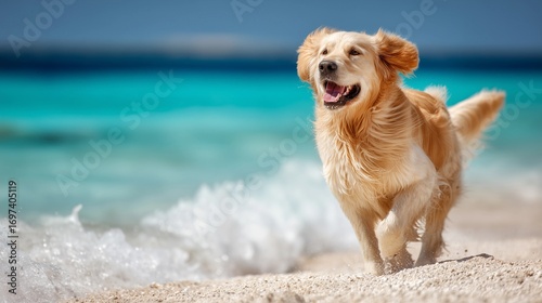 Golden retriever dog running on beach,smiling and having fun,joyful moment,copy space,web banner.