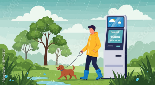 Man walking dog in rain with weather data kiosk showing rainfall information outdoors