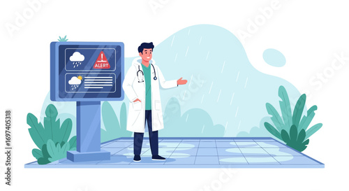 Doctor presenting weather alert display informing about heavy rain conditions outdoors