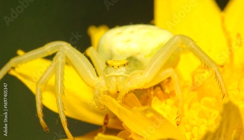 Close-up of a pale yellow crab spider perched delicately on a vibrant yellow flower petal.