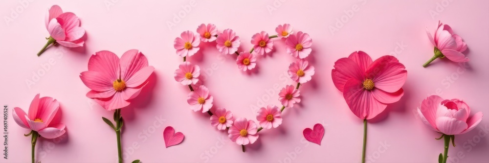 Fototapeta premium Delicate pink flowers arranged as hearts on pastel pink backdrop Flat lay , floral arrangement, copy space, gentle