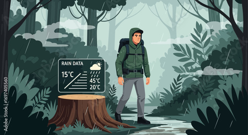 A man hiking in the rain with weather data displayed near a tree stump in forest
