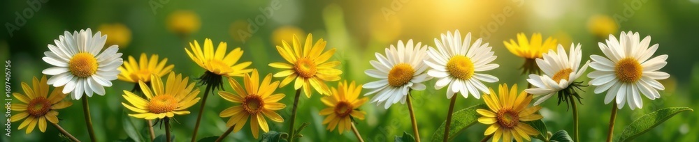 Fototapeta premium Intricate details, daisy & dandelion blossoms, field, meadow, flora