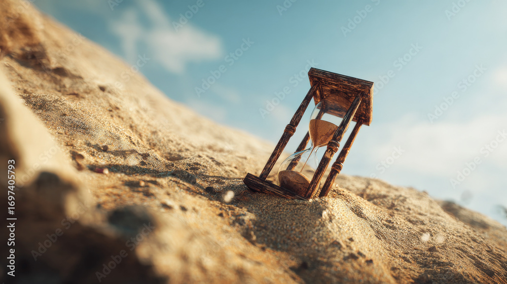 Fototapeta premium rusted metal hourglass buried halfway in desert dune weathered history theme illustration concept scene visual for commercial design use high detail quality stock image illustration concept scene