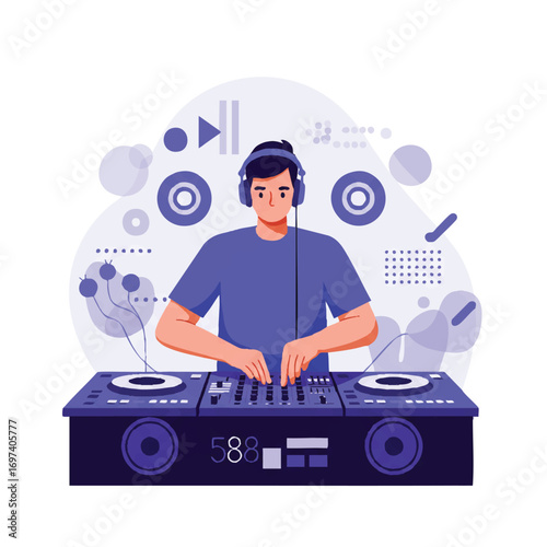 A vibrant 2D flat vector illustration depicts a modern DJ expertly adjusting a professional mixing console, wearing headphones amidst dynamic abstract sound elements on a clean white background.