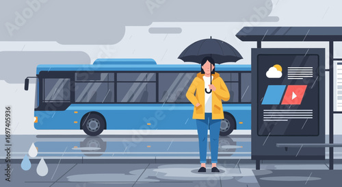 Woman waiting at the bus stop in the rain holding an umbrella in yellow jacket