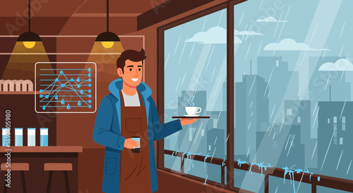 Cozy cafe scene with barista serving coffee during a rainy cityscape backdrop