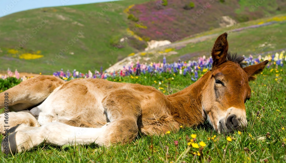 Obraz premium A young donkey rests peacefully in a vibrant meadow