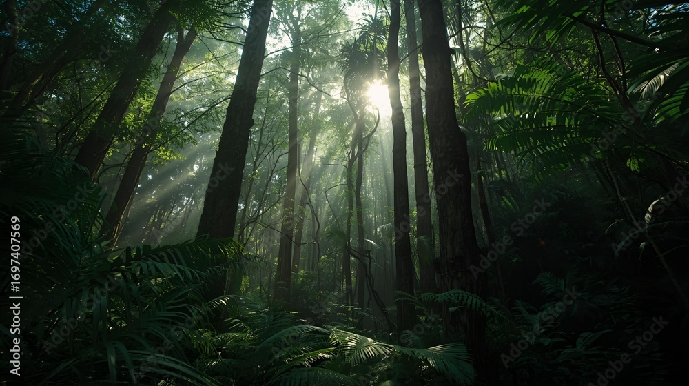 Fototapeta premium Enchanted Forest Sunlit Canopy in Lush Green Woods