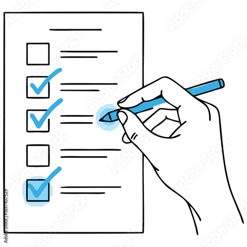 Hand marking a checklist with a pen. Suitable for business, productivity, organization concepts in presentations, design projects, and websites.
