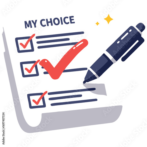 My choice checklist with red checkmarks and pen suitable for decision making, organization, planning, task completion, and goal setting.