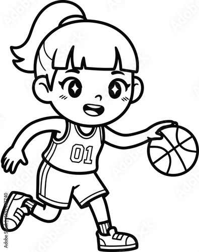 Joyful girl dribbling a basketball, ready for a game