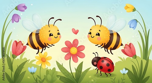 Cartoon Bees and Ladybug in a Flower Garden with a Heart, Whimsical Illustration