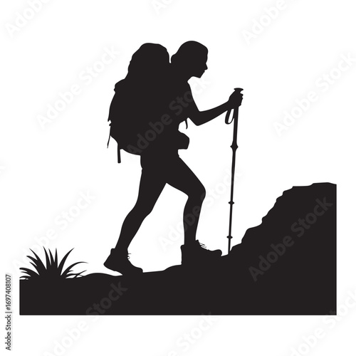 Hiker Silhouette with Backpack and Trekking Pole
