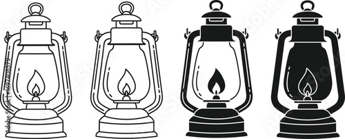 Collection of vintage oil lanterns with glowing flames
