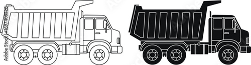 Versatile dump truck illustration in outline and solid black styles for construction and transport concepts.