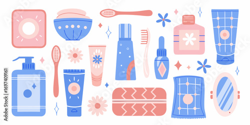 Collection of cute cartoon bathroom and personal hygiene items in pastel blue and pink colors