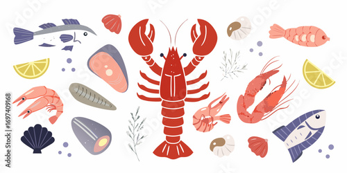 A vibrant collection of flat design seafood illustrations including lobster shrimp fish mussels and lemon slices