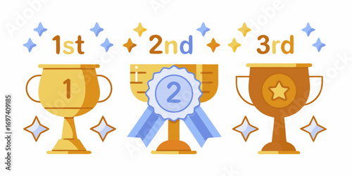 First second and third place trophies with stars celebrating victory and achievement