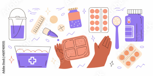 Collection of medical supplies and medications presented in a flat design style