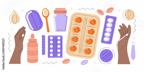 Flat illustration of various medical supplies and medications arranged on a white background