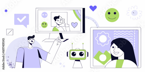 Man interacting with technology showing social media content and a robot assistant