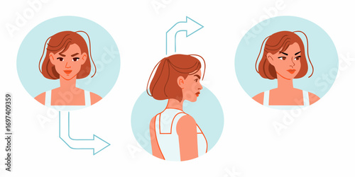 Woman s emotional transformation and change of perspective illustrated with arrows and facial expressions