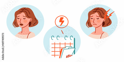 Woman experiencing stress and headaches due to monthly cycle and calendar appointments