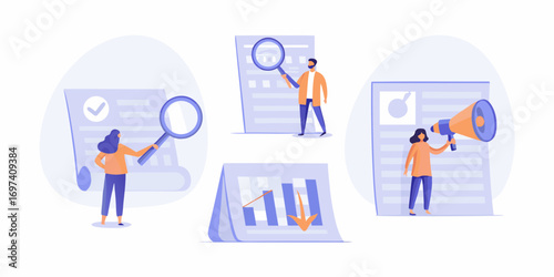 Business analytics concept with people analyzing charts and documents using magnifying glass and megaphone