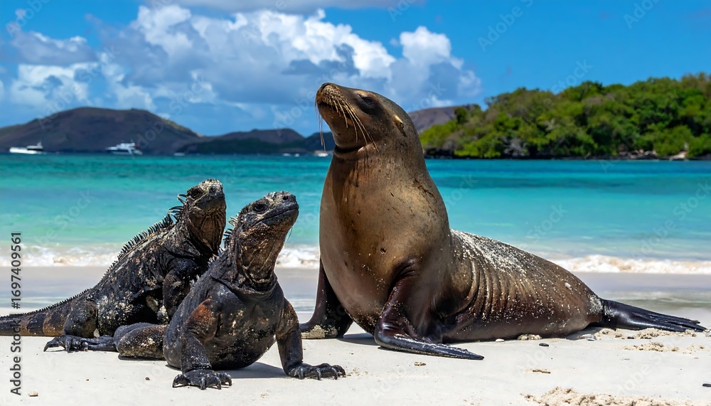 Fototapeta premium Sea lions and iguanas on a beach
