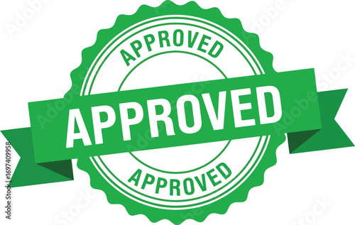 Green approved stamp with ribbon, signifying acceptance and official validation