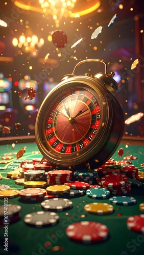 A vintage-style roulette wheel sits atop a casino table, surrounded by scattered chips and a shimmering, dramatic casino atmosphere.