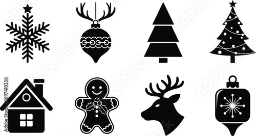 Festive Christmas icons including a snowflake, ornaments, tree, house, gingerbread man, and reindeer.
