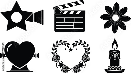 Collection of diverse black silhouette icons including a star, film clapper, flower, heart, wreath, and candle.