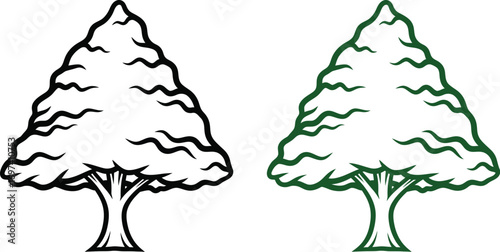 Stylized evergreen tree illustration in outline and green outline versions