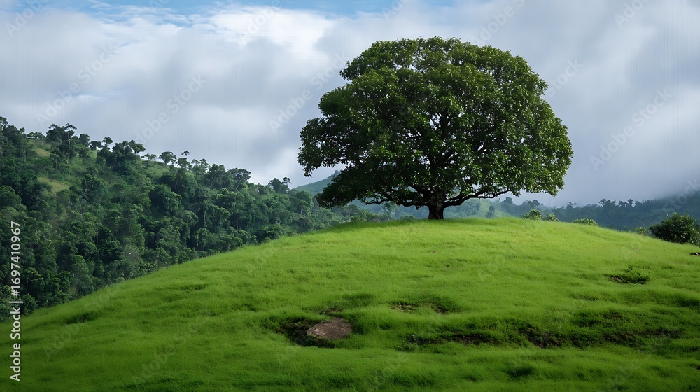 Fototapeta premium A Large Tree Stands Alone atop a Green Hillside