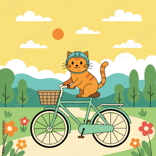 Orange cat riding bicycle in sunny park with flowers and trees  