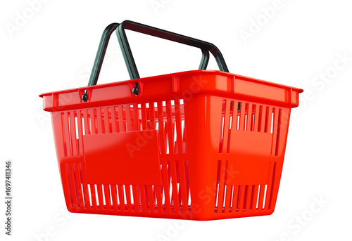 Bright red plastic shopping basket isolated on transparent background
