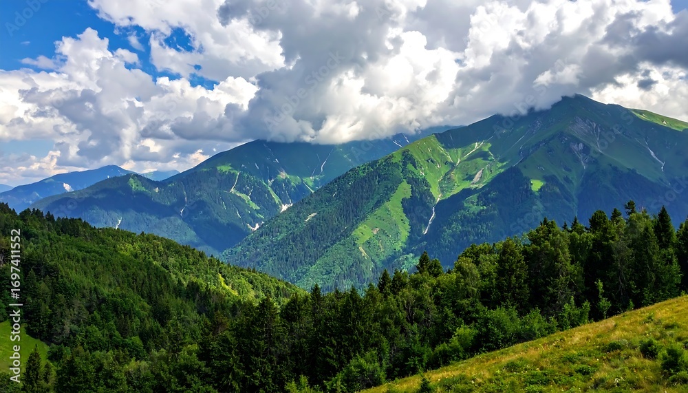 Naklejka premium Lush mountain valley under a cloudy sky