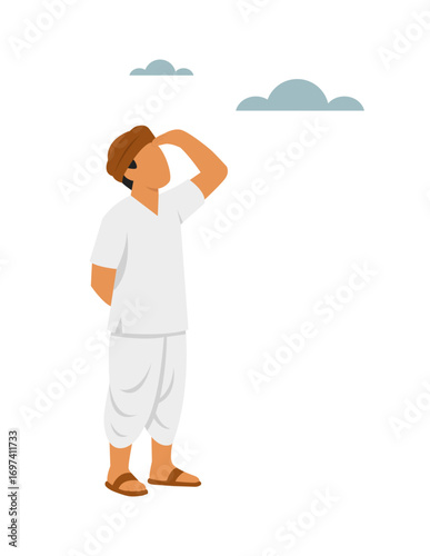 Vector of Indian farmer gazing at the sky, hoping for rain. Depicts anticipation, monsoon dependency, and vulnerability in agriculture.