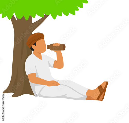 Illustration of an Indian farmer sitting under a tree drinking water. Symbolizes rest, shade, heat relief, hydration, and rural daily life.