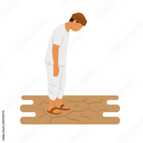 Flat vector of Indian farmer standing on parched, cracked ground due to drought, showing climate impact, crop failure, and rural hardship.