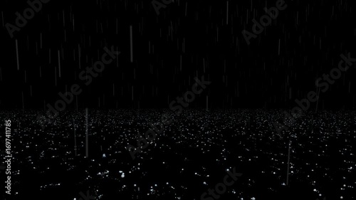 Hailstones and rain fall and splash on a dark, wet surface, extreme weather overlay for creating intense storm scenes