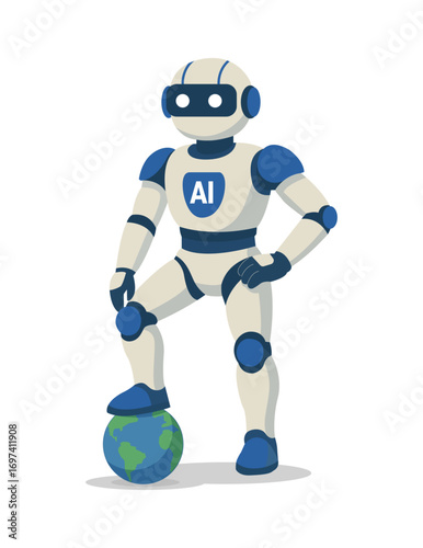 Futuristic robot with “AI” label standing with foot on Earth, symbolizing global dominance of artificial intelligence and its control over the future world.