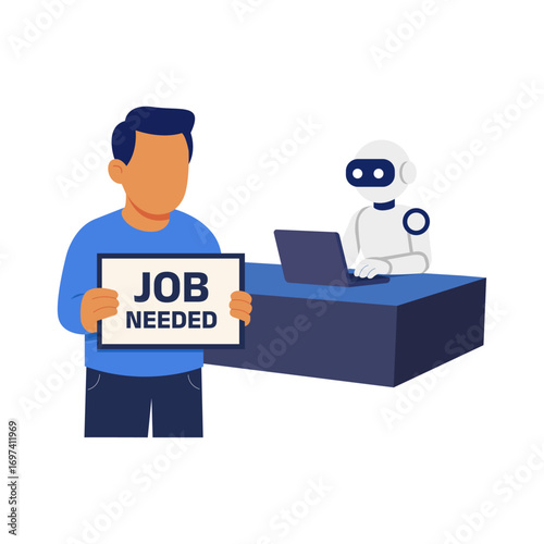 Flat vector showing robot working on laptop while human holds “Job Needed” sign. Depicts unemployment and job displacement due to AI and workplace automation.
