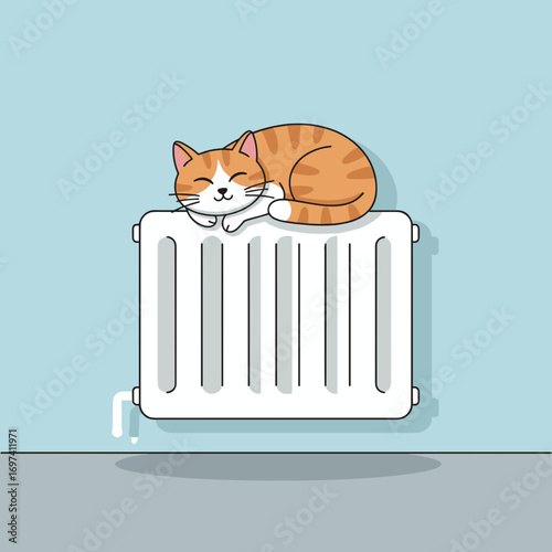 Cat lounging peacefully on white radiator against blue wall  