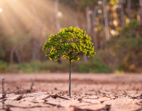 A small, vibrant tree stands tall in cracked earth, symbolizing hope and resilience amidst a backdrop of blurred forest and golden sunlight.